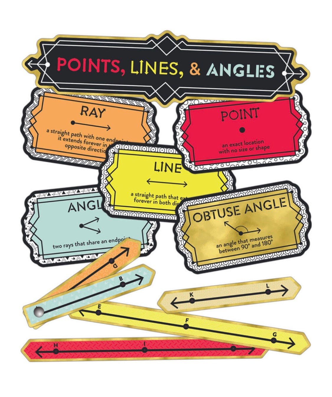 Points, Lines, and Angles Mini Bulletin Board Set. 18 pieces.