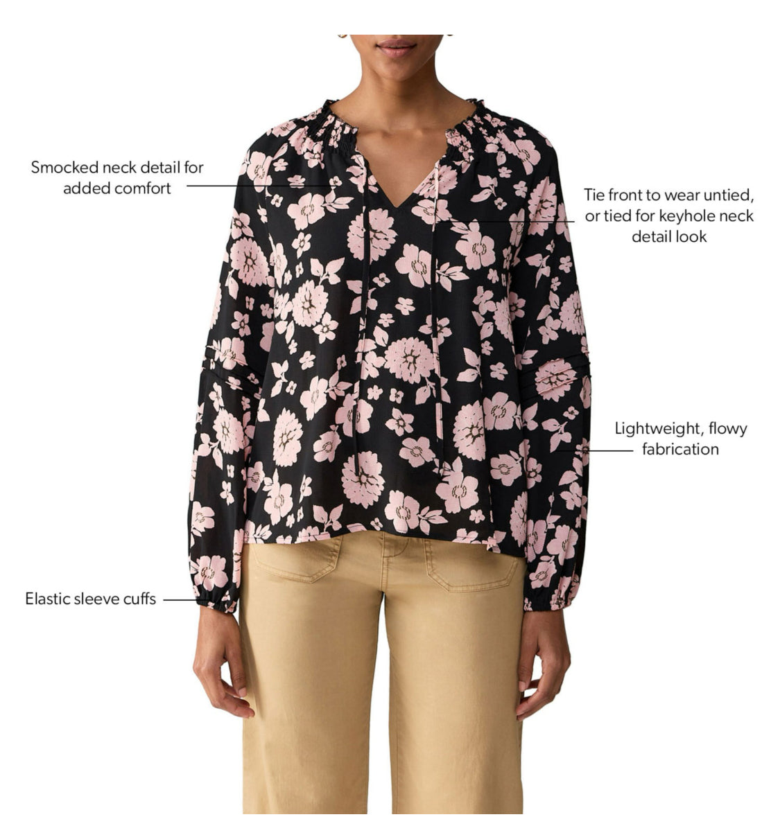 Women Long Sleeve Peasant Top - Sweet Floral. Size: Medium