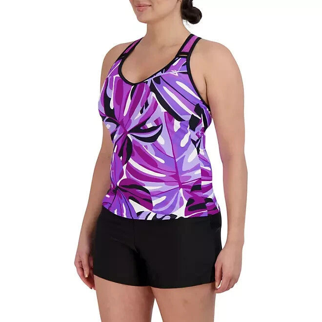 Ladies O-Ring Action Tankini Swimsuit - Salvia. Medium