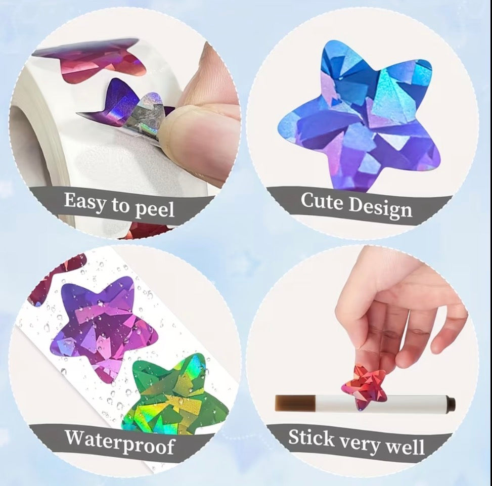 500-Piece Holographic Star Reward Stickers – 8 Assorted Styles