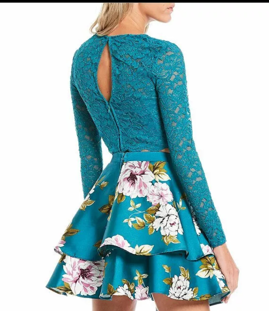 City Vibe 2-piece Lace Top & Double Hem Skirt Outfit - Teal Floral. Size 3