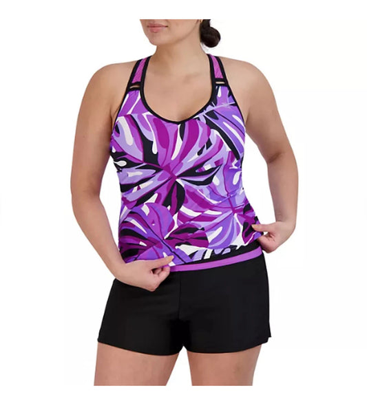 Ladies O-Ring Action Tankini Swimsuit - Salvia. Medium