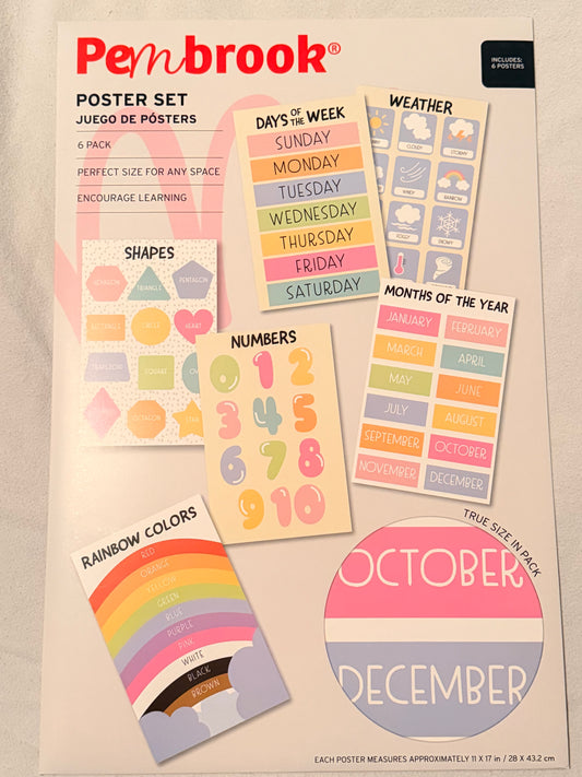 Pen+Brook Educational Poster Set – 6 Pack | Shapes, Numbers, Colors, Weather, Days & Months 11”x 17”
