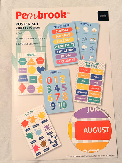 Pen+Brook Educational Poster Set – 6 Pack | Shapes, Numbers, Colors, Weather, Days & Months 11”x 17”