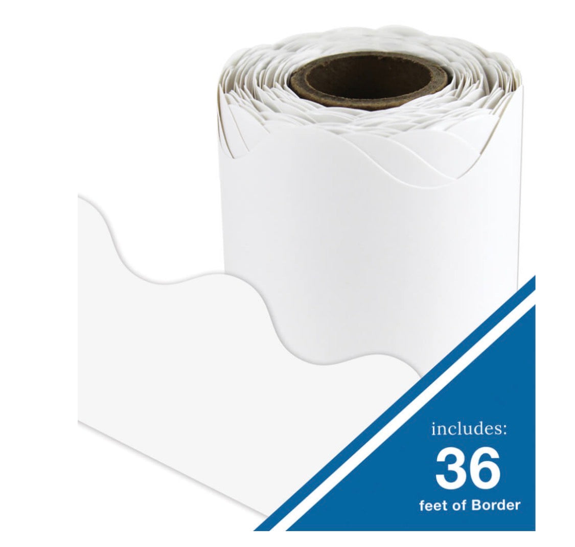White Rolled Scalloped Bulletin Board Borders. 2.25” x 36’