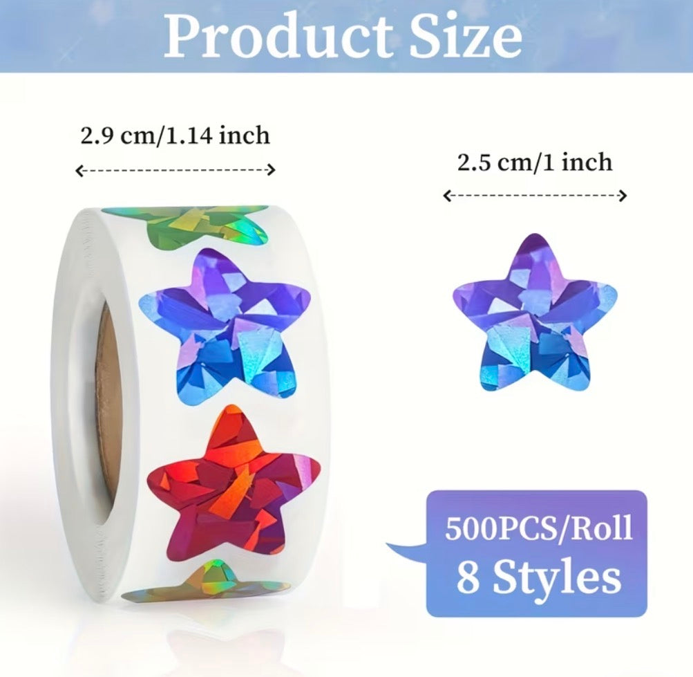 500-Piece Holographic Star Reward Stickers – 8 Assorted Styles
