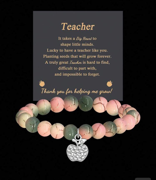 Teacher Appreciation Pastel Beaded Bracelet with Crystal Apple Charm