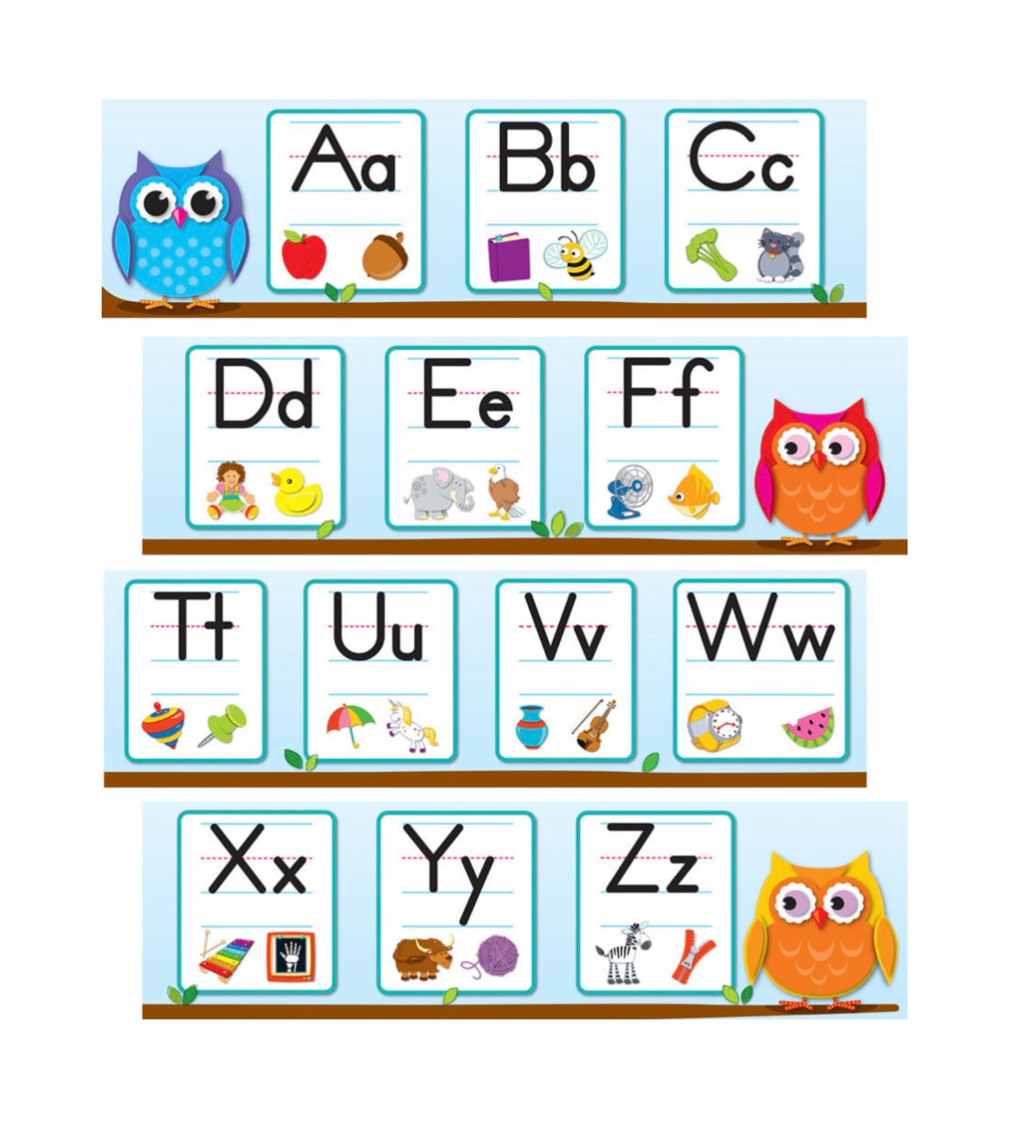 Colorful Owls Alphabet Borders. 8 pieces.