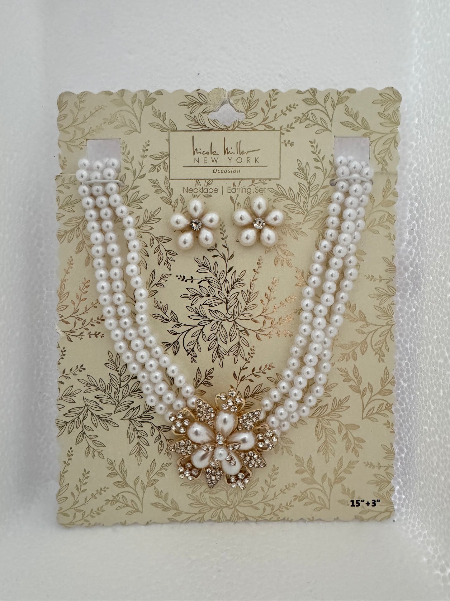 Nicole Miller Elegant Pearl Floral Necklace & Earring Set – White & Gold