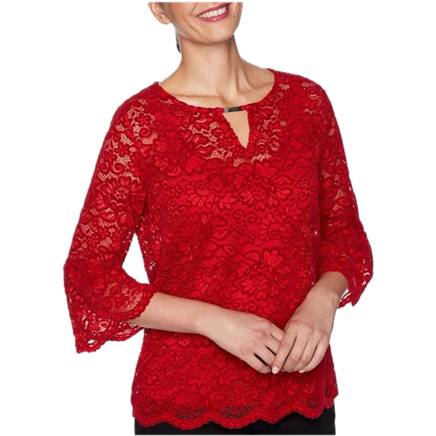 Woman Faux Suede Lace Crochet Accent Top - Paint the Town Red. Medium