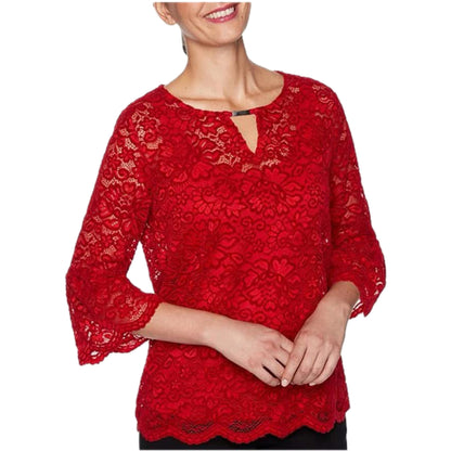 Woman Faux Suede Lace Crochet Accent Top - Paint the Town Red. Medium