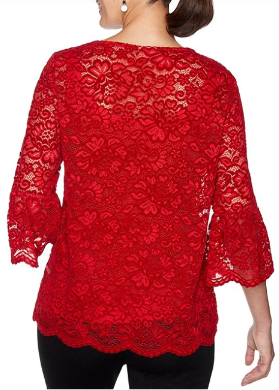 Woman Faux Suede Lace Crochet Accent Top - Paint the Town Red. Medium